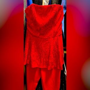 Off shoulder red lace jumpsuit